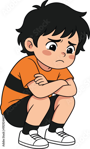 Cartoon child character icon with thoughtful squatting pose and emotional theme for education design - colored vector illustration set
