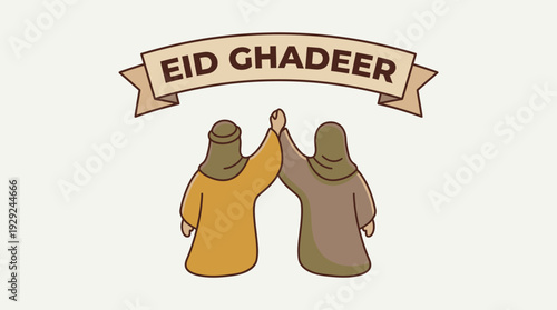 Eid Ghadeer vector illustration with two figures in traditional robes raising hands together, Islamic holiday celebration, cultural and religious symbolism