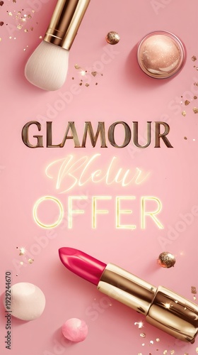 Glamour beauty sale banner with makeup brush lipstick and glowing neon text