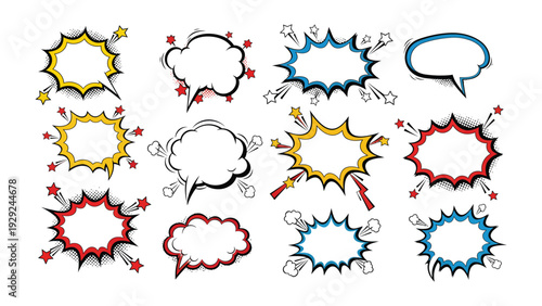 Comic book speech bubbles explosion: A dynamic collection of vibrant speech bubbles bursts forth, each one a canvas for thoughts, ideas, and expressions. perfect for creating a visual narrative.