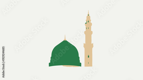 Islamic architecture vector illustration with green dome and beige minaret, crescent moon detail, cultural heritage, and religious symbolism on light gradient background
