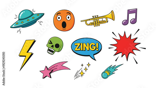 Whimsical Icons: A vibrant assortment of quirky icons, each depicting a unique element of fun and creativity. The image invites imagination and amusement.