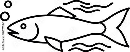Simple line art fish swimming with bubbles and waves