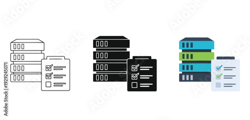 Three different server storage systems with checklist icons next to them