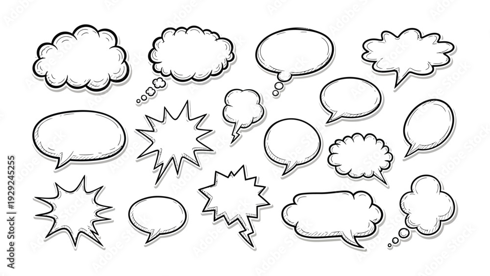 Fototapeta premium Comic Speech Bubble Collection: A diverse collection of illustrated comic speech bubbles, perfect for conveying thoughts, ideas, and dialogue in various artistic styles.