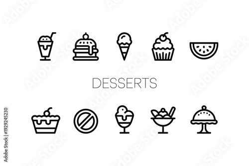 Dessert icons set with various sweet treats and food illustrations