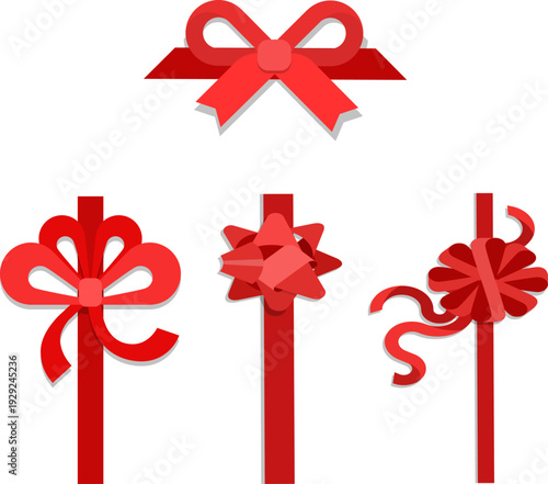 赤いギフトリボンとラッピングボウの多様なデザインセット｜プレゼント装飾・贈答用包装・祝祭イベントに使えるシンプルで立体感のあるイラスト素材