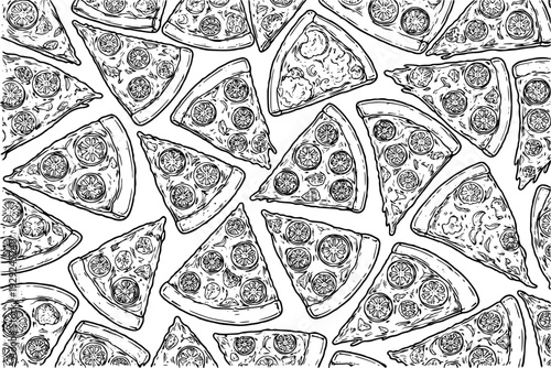 Hand Drawn Pizza Slices Pattern Black and White Background food