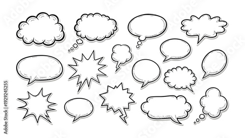 Comic Speech Bubble Collection: A diverse collection of illustrated comic speech bubbles, perfect for conveying thoughts, ideas, and dialogue in various artistic styles.