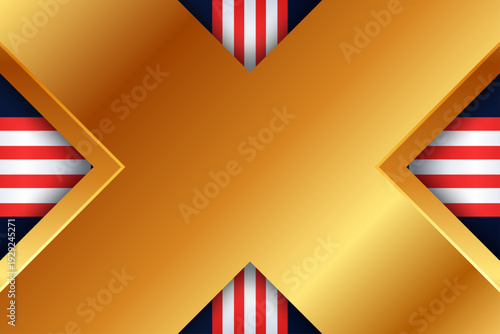 ゴールドの立体クロスフレームとレッドホワイトストライプが映える高級感あふれる幾何学アブストラクト背景　イベントや表彰デザインに使える重厚グラフィック素材