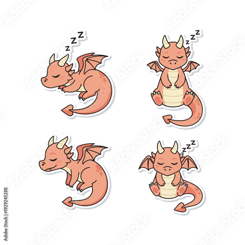Cute cartoon dragons sleeping peacefully in various poses with zzz bubbles