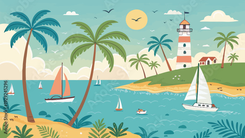 Vibrant tropical vacation pattern with palm trees lighthouse sailboats and sunny coastal scenery
