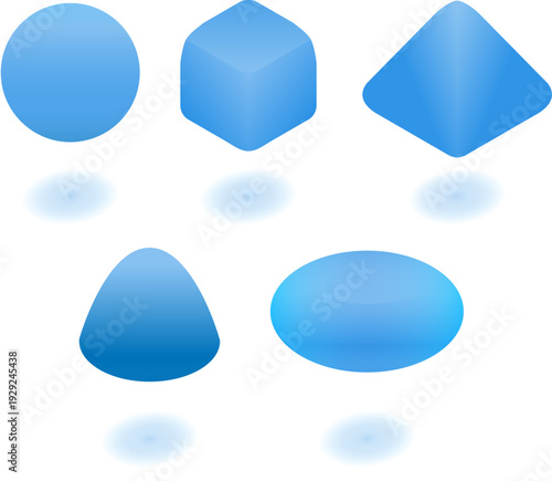 ブルーグラデーションの立体幾何学オブジェクトセット、やわらかな影付き抽象フォルム素材、UIデザイン・アイコン制作・テクノロジー系ビジュアルに使いやすいミニマル3Dイラスト集
