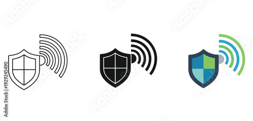 Shield icons Vector Set in Three Styles — Line Art, Silhouette and Color Version with wireless signal waves for security technology design