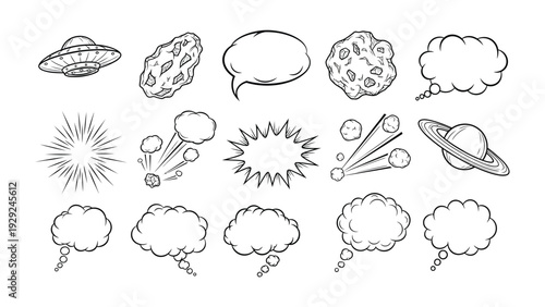 Comic Elements Galaxy: A collection of comic elements depicting the vastness of space, including thought bubbles, explosions, planets, and celestial bodies.
