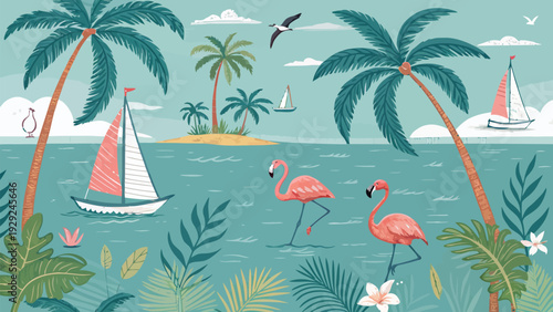 Vibrant tropical paradise vector background with flamingos palm trees sailboats and lush foliage in turquoise waters perfect