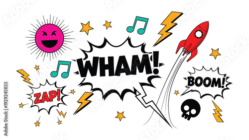 Comic Book Action: A vibrant, eye-catching comic book illustration, filled with dynamic sound effects, a rocket ship blasting off.