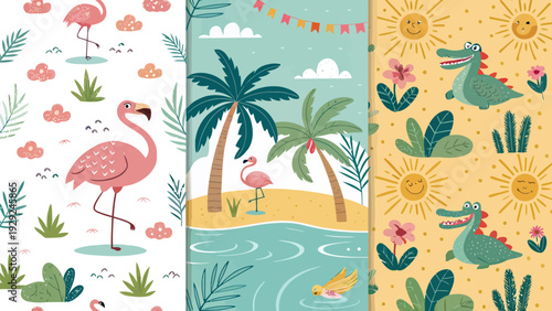 Summer vacation vector patterns with flamingos palm trees and tropical designs for travel and leisure