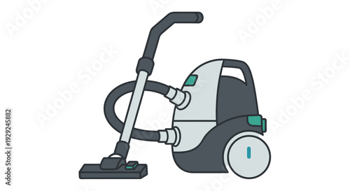 Stylized illustration of a gray and teal canister vacuum cleaner on a white background