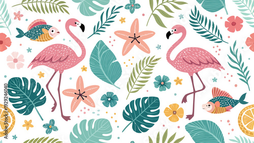 Vibrant tropical pattern with pink flamingos lush greenery colorful fish flowers and fruits on white background summer travel