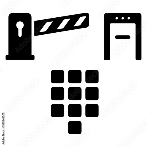 Security Access Control Barrier Gate Metal Detector and Keypad Icons
Professional linear icons for physical security systems, building entry control, and safety checkpoints.
