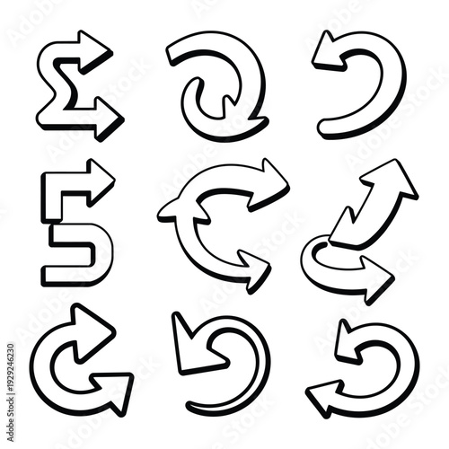 Arrow Symbol: Diverse array of stylized arrow icons, ideal for illustrating direction, progress, or relationships in design. A collection of directional sign elements. 