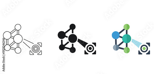 Molecular Structure Network Diagrams Vector Set in Three Styles — Line Art, Silhouette and Color Version Showing Chemical Bonds