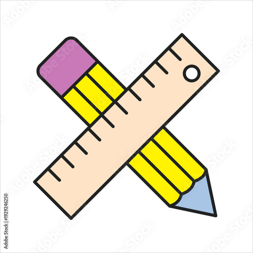 A digital illustration of a pencil, ruler, and eraser overlapping each other. isolated on white background