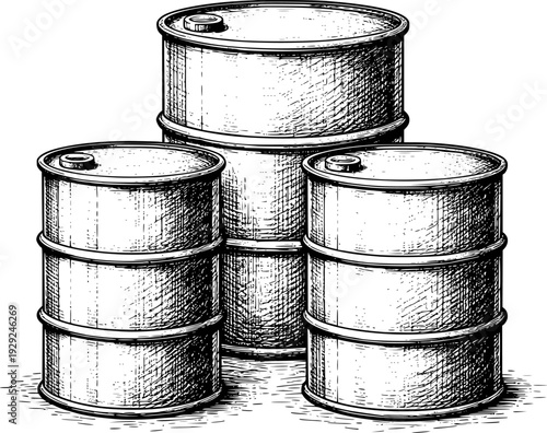 Stacked Metal Oil Drums in Vintage Ink Style White Background barrel storage