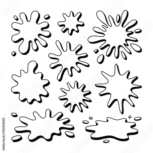 Splatter Silhouette Collection: A dynamic compilation of abstract splatter designs in sleek black outline. Perfect for creative concepts!