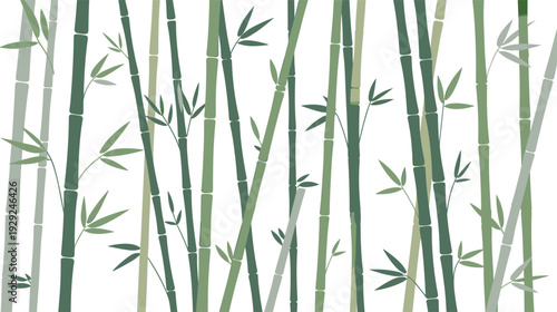 Seamless bamboo forest vector pattern, minimalist green bamboo stems and leaves background, modern botanical wallpaper, zen nature illustration