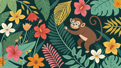 Playful monkey in tropical jungle with colorful flowers and leaves seamless pattern