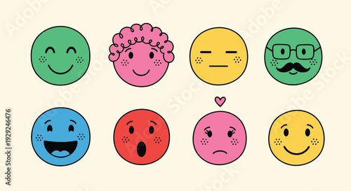 Retro geometric character faces vector set with funky 70s style shapes and groovy expressions