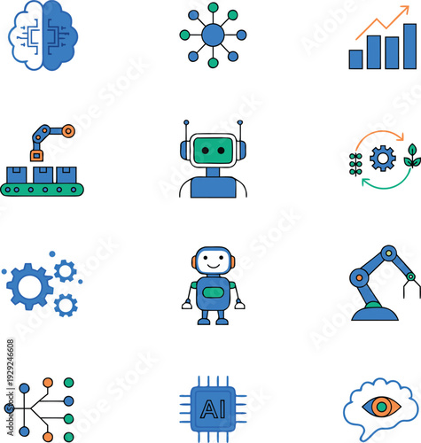 Colorful artificial intelligence and robotics icons set for automation machine learning and future technology concepts

