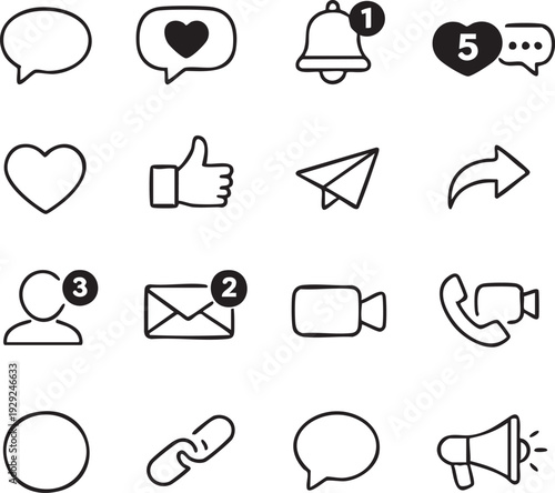 Hand drawn social media notification and communication icons set for messages likes and user interface

