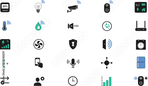 Smart home automation and internet of things icon set for security energy monitoring and connected devices control