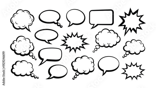 Speech Bubble Collection: A collection of various speech bubbles, each ready to convey dialogue, thought, and ideas. Ideal for conveying ideas.