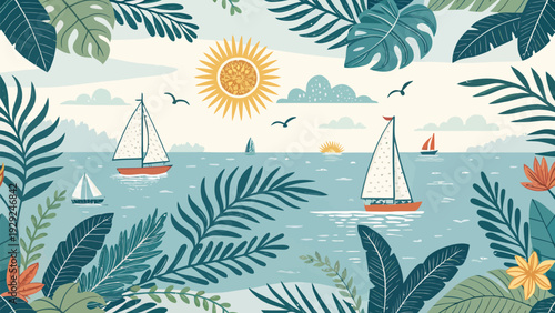 Sailboats on a sunny ocean with tropical leaves and flowers seamless vector design for summer nautical themes and backgrounds