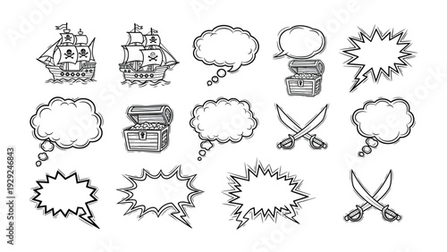 Pirate-themed illustration set: A captivating array of line art elements, featuring pirate ship, treasure chest, speech bubble and crossed sword. evoking tales of adventure and hidden riches.