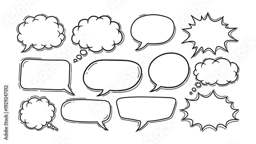 Communicative Whispers: A collection of various hand-drawn speech bubble illustrations, inviting thoughts and conversations to come to life. 