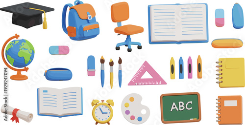 School education supplies icon collection with backpack books stationery globe and classroom furniture for learning and academic design.