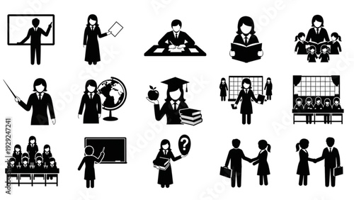 Teacher Silhouette Icon Set – Black Education and Classroom Solid Symbols Collection
