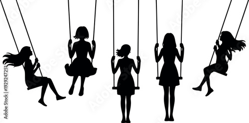 Smooth outline vector of kids swinging on playground swings, active outdoor fun, girls in motion, black silhouettes on white