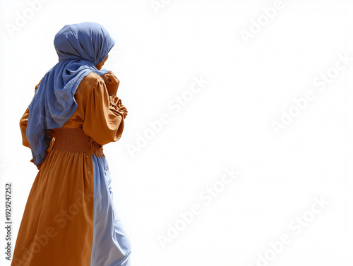 Wallpaper Mural illustration of a Muslim woman walking away from the viewer, wearing traditional modest clothing and hijab, isolated on white background for inclusive representation Torontodigital.ca