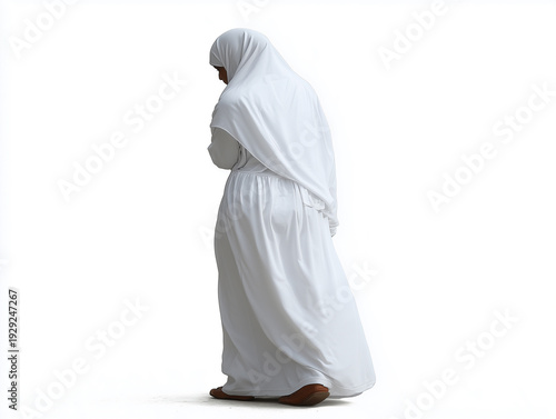 illustration of a Muslim woman walking away from the viewer, wearing traditional modest clothing and hijab, isolated on white background for inclusive representation