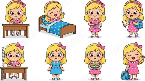 Cartoon schoolgirl character icon variations with books, backpack, and daily activity theme for education design - colored vector illustration set