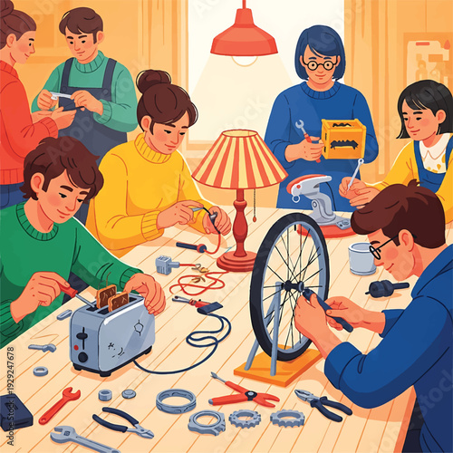 Group of diverse individuals collaborating in a vibrant community repair workshop, skillfully mending various household items and sharing valuable practical knowledge