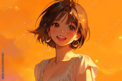 Wallpaper Mural Anime Style Portrait of a Young Brunette Girl on Orange Background Torontodigital.ca