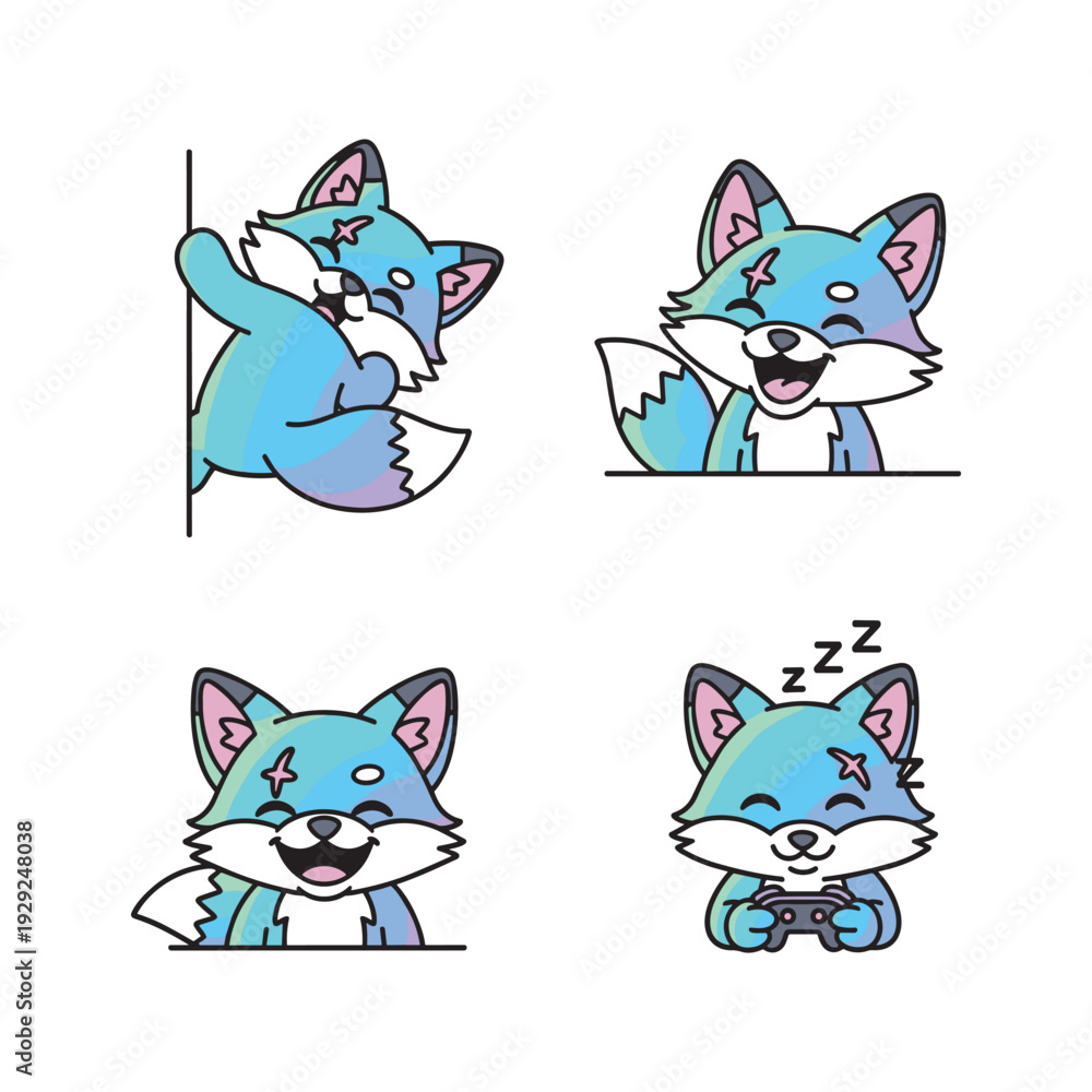 Fototapeta premium Cute cartoon fox character in various emotional expressions with copy space