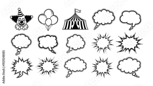 Circus Icons Collection: A black and white graphic set featuring a clown, balloons, circus tent, and various speech and thought bubbles, ideal for comic strips or event invitations.